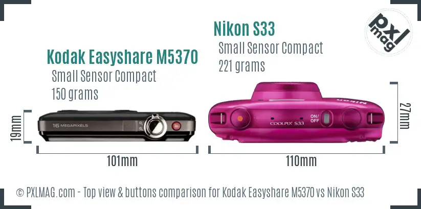 Kodak Easyshare M5370 vs Nikon S33 top view buttons comparison