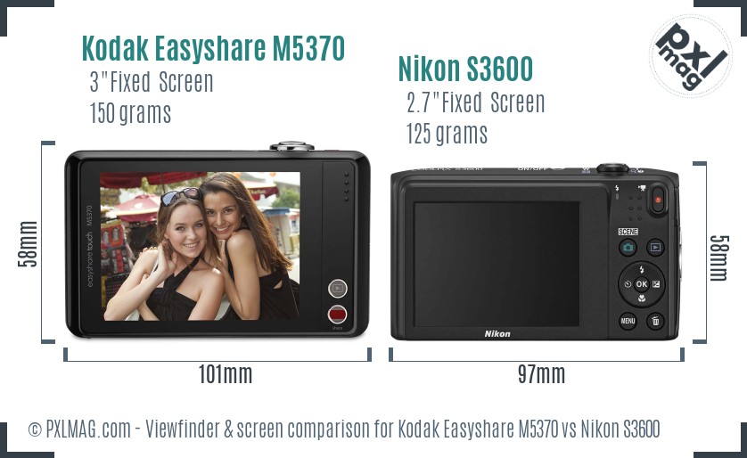Kodak Easyshare M5370 vs Nikon S3600 Screen and Viewfinder comparison