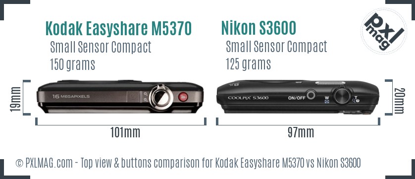 Kodak Easyshare M5370 vs Nikon S3600 top view buttons comparison