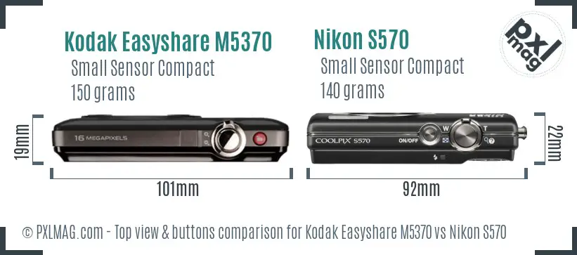 Kodak Easyshare M5370 vs Nikon S570 top view buttons comparison Kodak Easyshare M5370 vs Nikon S570 top view buttons comparison