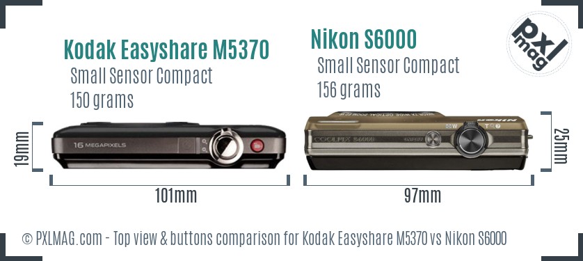 Kodak Easyshare M5370 vs Nikon S6000 top view buttons comparison