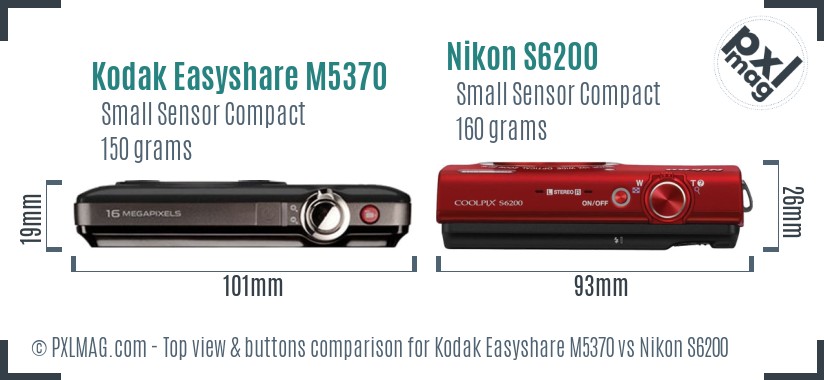 Kodak Easyshare M5370 vs Nikon S6200 top view buttons comparison