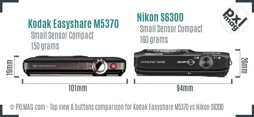 Kodak Easyshare M5370 vs Nikon S6300 top view buttons comparison