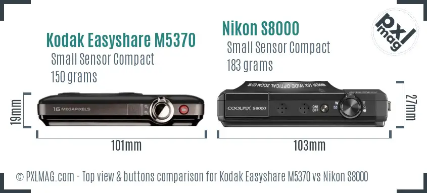 Kodak Easyshare M5370 vs Nikon S8000 top view buttons comparison Kodak Easyshare M5370 vs Nikon S8000 top view buttons comparison