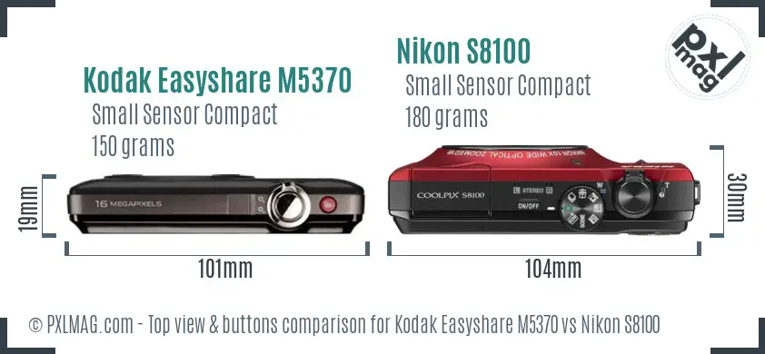 Kodak Easyshare M5370 vs Nikon S8100 top view buttons comparison