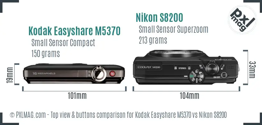 Kodak Easyshare M5370 vs Nikon S8200 top view buttons comparison