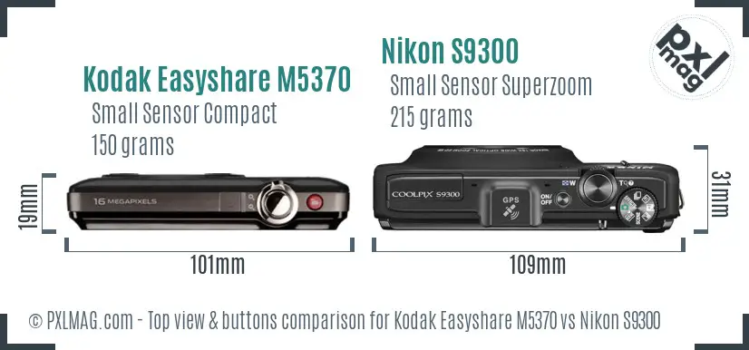 Kodak Easyshare M5370 vs Nikon S9300 top view buttons comparison