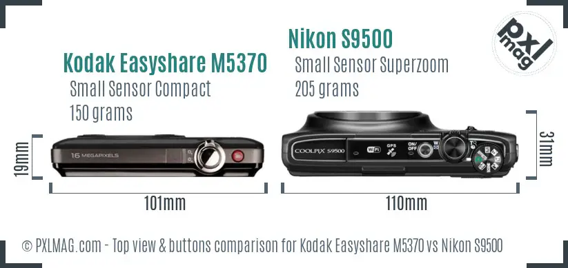 Kodak Easyshare M5370 vs Nikon S9500 top view buttons comparison