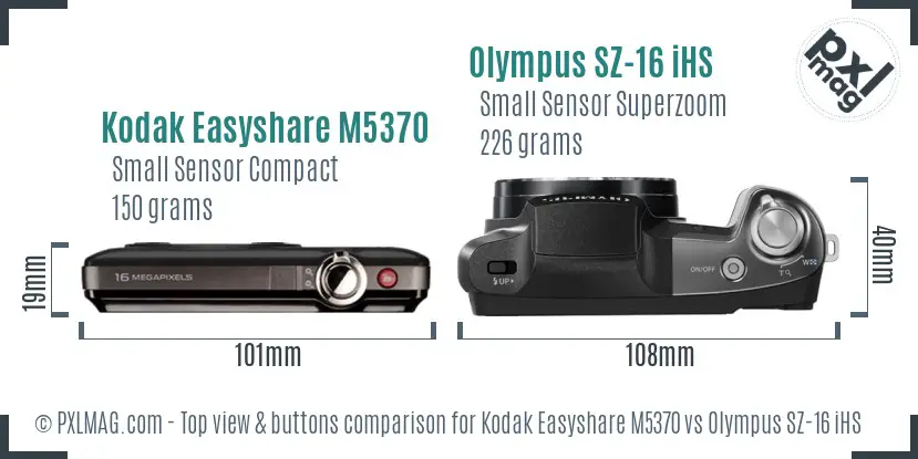 Kodak Easyshare M5370 vs Olympus SZ-16 iHS top view buttons comparison Kodak Easyshare M5370 vs Olympus SZ-16 iHS top view buttons comparison