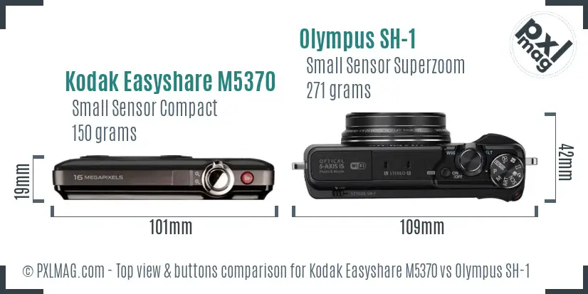 Kodak Easyshare M5370 vs Olympus SH-1 top view buttons comparison