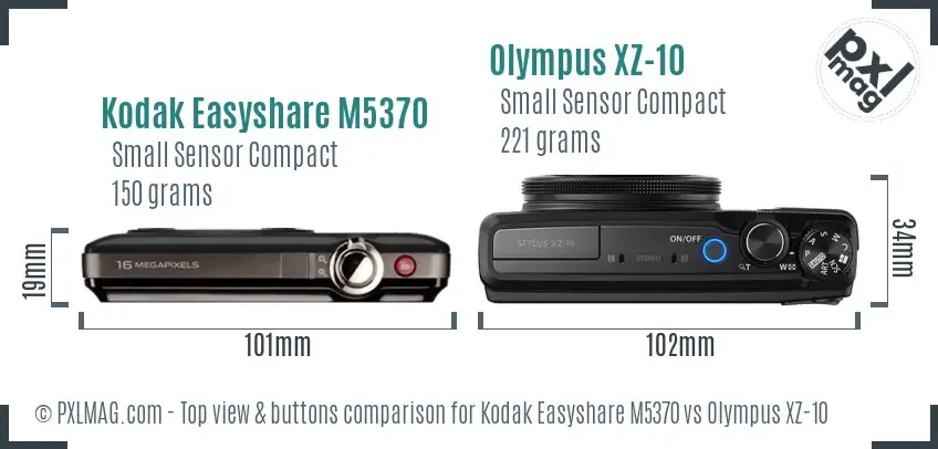 Kodak Easyshare M5370 vs Olympus XZ-10 top view buttons comparison