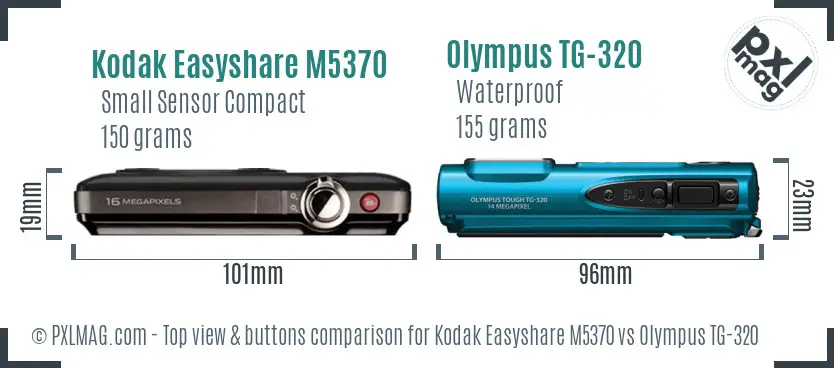 Kodak Easyshare M5370 vs Olympus TG-320 top view buttons comparison Kodak Easyshare M5370 vs Olympus TG-320 top view buttons comparison