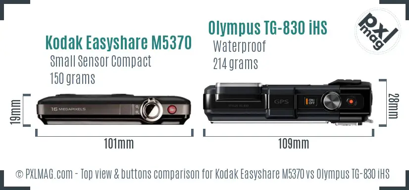 Kodak Easyshare M5370 vs Olympus TG-830 iHS top view buttons comparison