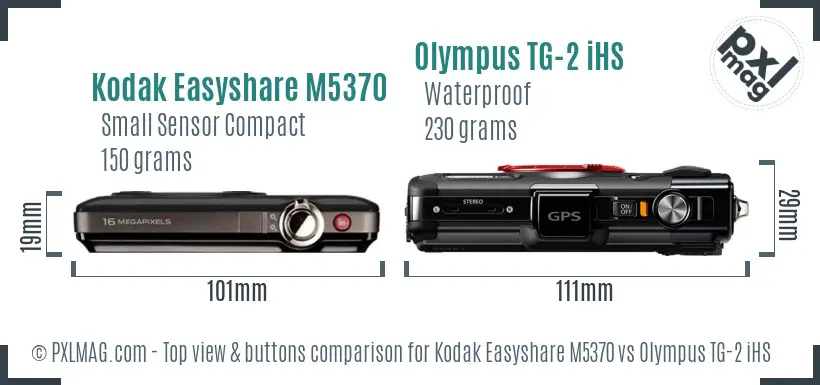 Kodak Easyshare M5370 vs Olympus TG-2 iHS top view buttons comparison