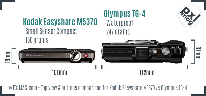 Kodak Easyshare M5370 vs Olympus TG-4 top view buttons comparison