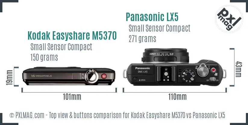 Kodak Easyshare M5370 vs Panasonic LX5 top view buttons comparison Kodak Easyshare M5370 vs Panasonic LX5 top view buttons comparison