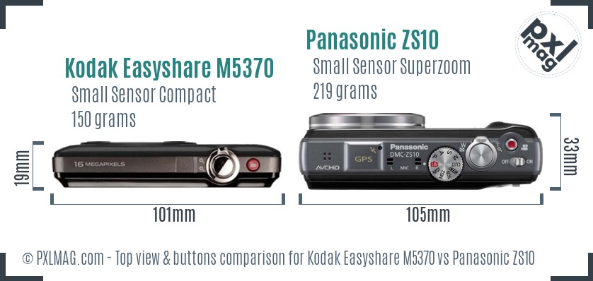 Kodak Easyshare M5370 vs Panasonic ZS10 top view buttons comparison
