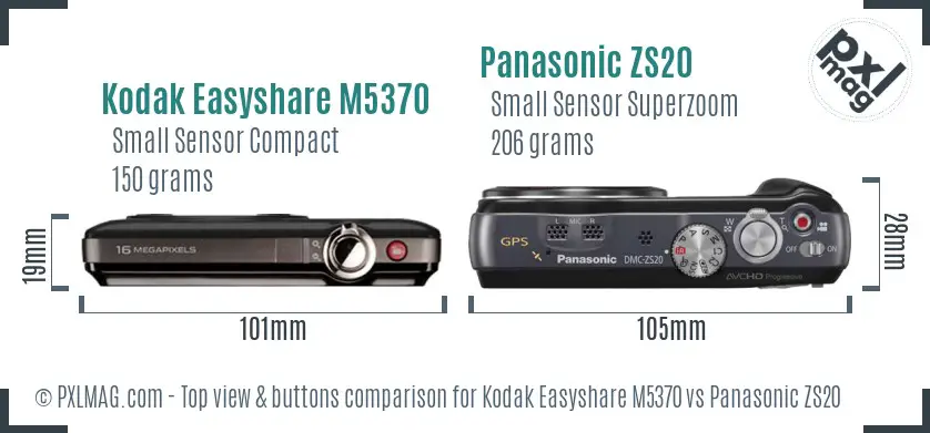 Kodak Easyshare M5370 vs Panasonic ZS20 top view buttons comparison