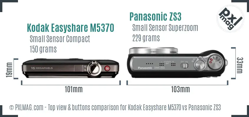 Kodak Easyshare M5370 vs Panasonic ZS3 top view buttons comparison