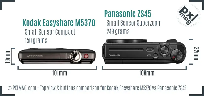 Kodak Easyshare M5370 vs Panasonic ZS45 top view buttons comparison Kodak Easyshare M5370 vs Panasonic ZS45 top view buttons comparison