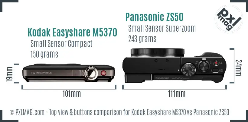 Kodak Easyshare M5370 vs Panasonic ZS50 top view buttons comparison