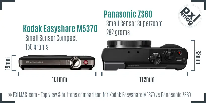 Kodak Easyshare M5370 vs Panasonic ZS60 top view buttons comparison Kodak Easyshare M5370 vs Panasonic ZS60 top view buttons comparison