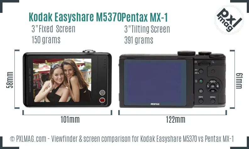 Kodak Easyshare M5370 vs Pentax MX-1 Screen and Viewfinder comparison