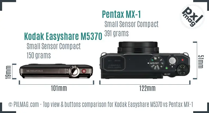 Kodak Easyshare M5370 vs Pentax MX-1 top view buttons comparison
