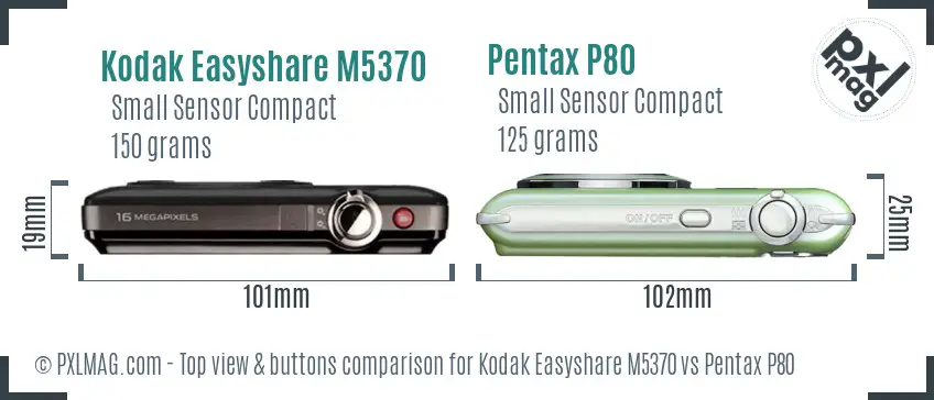 Kodak Easyshare M5370 vs Pentax P80 top view buttons comparison