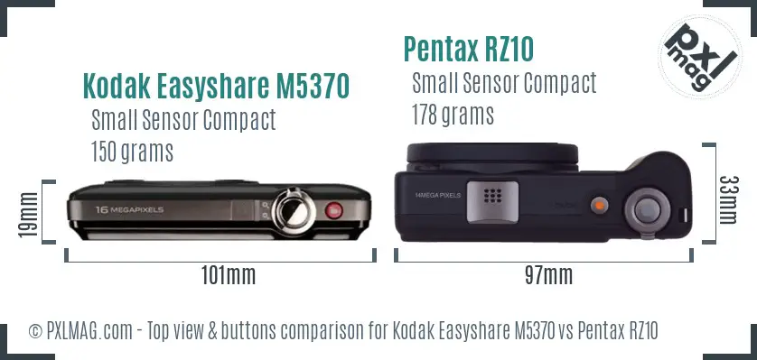Kodak Easyshare M5370 vs Pentax RZ10 top view buttons comparison Kodak Easyshare M5370 vs Pentax RZ10 top view buttons comparison