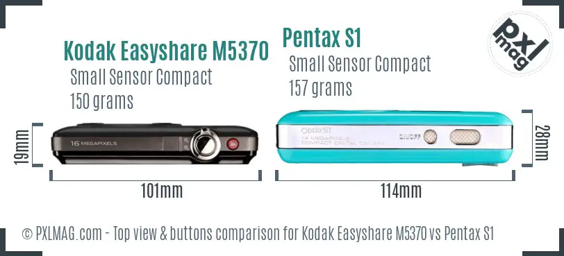 Kodak Easyshare M5370 vs Pentax S1 top view buttons comparison