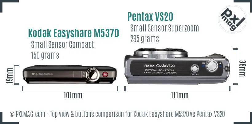 Kodak Easyshare M5370 vs Pentax VS20 top view buttons comparison
