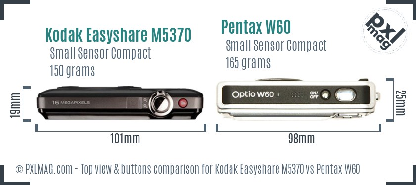 Kodak Easyshare M5370 vs Pentax W60 top view buttons comparison