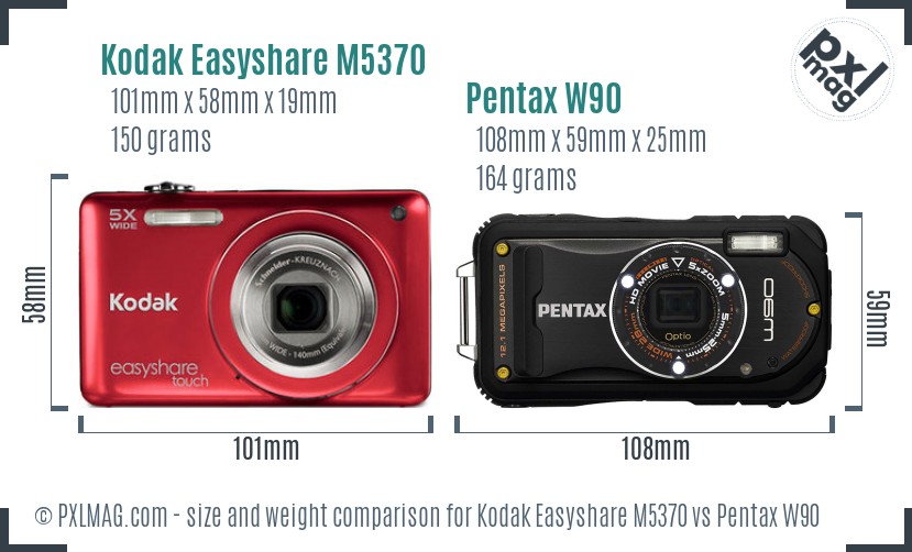 Kodak Easyshare M5370 vs Pentax W90 size comparison