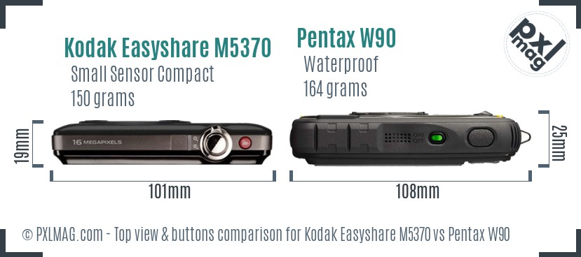 Kodak Easyshare M5370 vs Pentax W90 top view buttons comparison