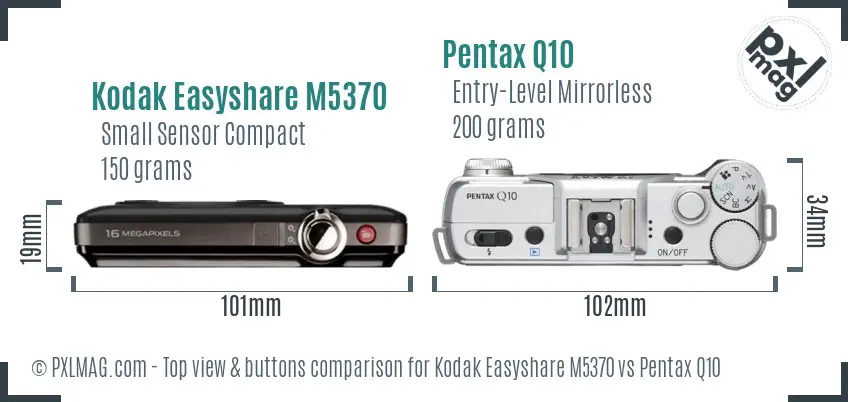 Kodak Easyshare M5370 vs Pentax Q10 top view buttons comparison