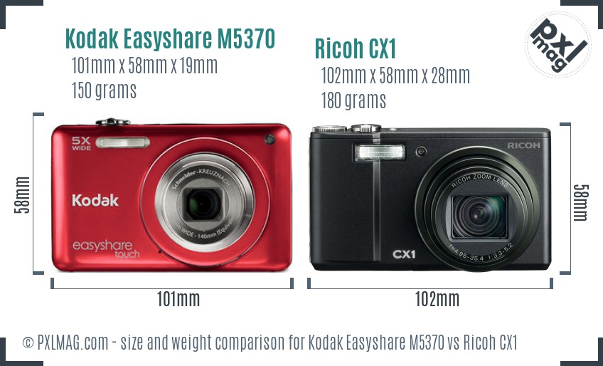 Kodak Easyshare M5370 vs Ricoh CX1 size comparison