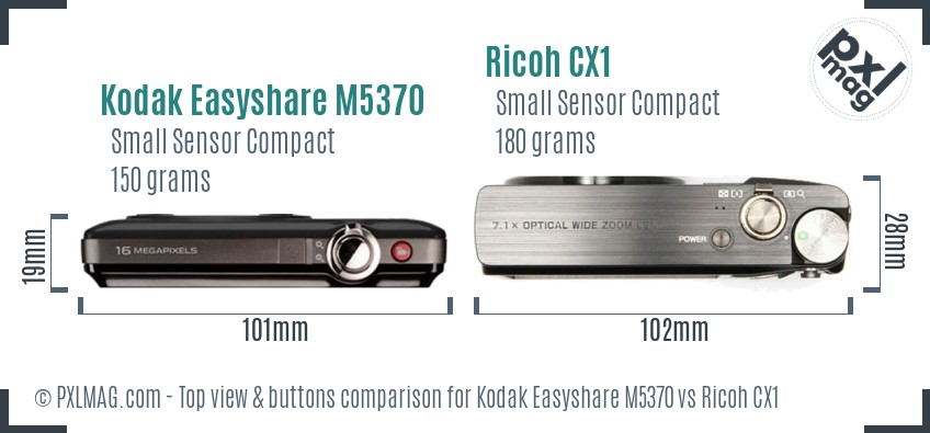Kodak Easyshare M5370 vs Ricoh CX1 top view buttons comparison