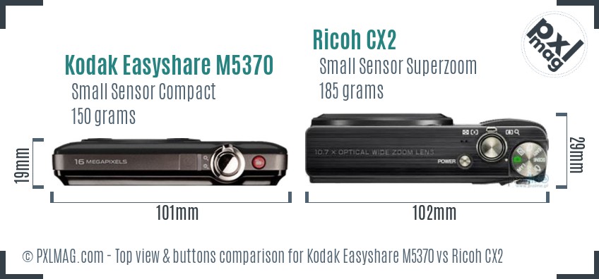 Kodak Easyshare M5370 vs Ricoh CX2 top view buttons comparison