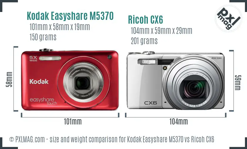 Kodak Easyshare M5370 vs Ricoh CX6 size comparison