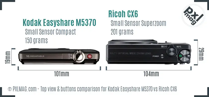 Kodak Easyshare M5370 vs Ricoh CX6 top view buttons comparison