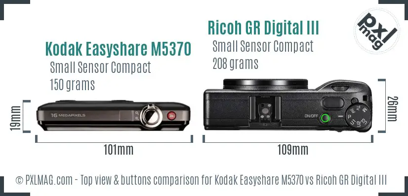 Kodak Easyshare M5370 vs Ricoh GR Digital III top view buttons comparison