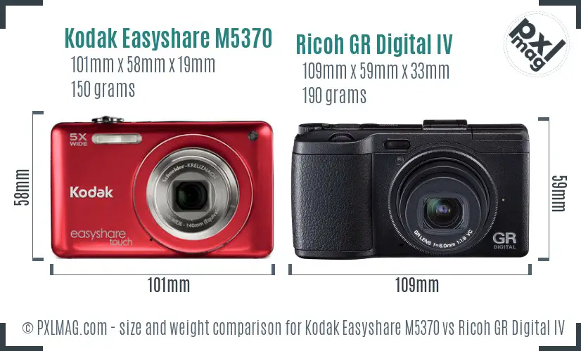 Kodak Easyshare M5370 vs Ricoh GR Digital IV size comparison