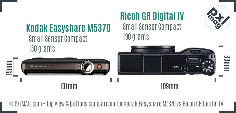 Kodak Easyshare M5370 vs Ricoh GR Digital IV top view buttons comparison