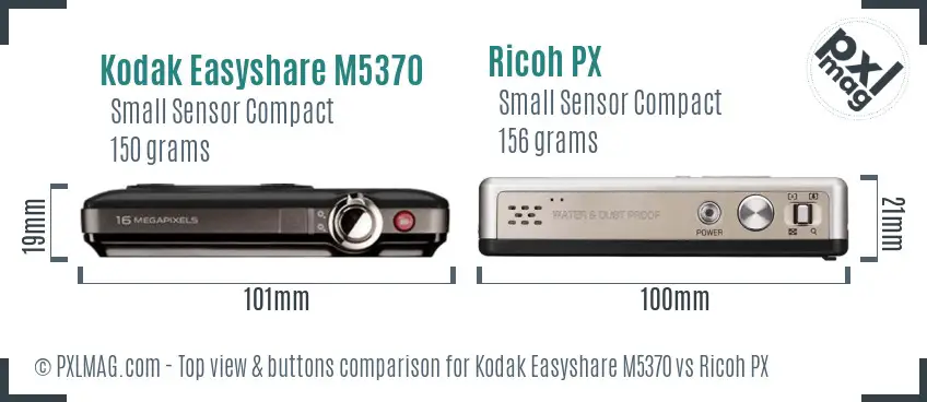 Kodak Easyshare M5370 vs Ricoh PX top view buttons comparison