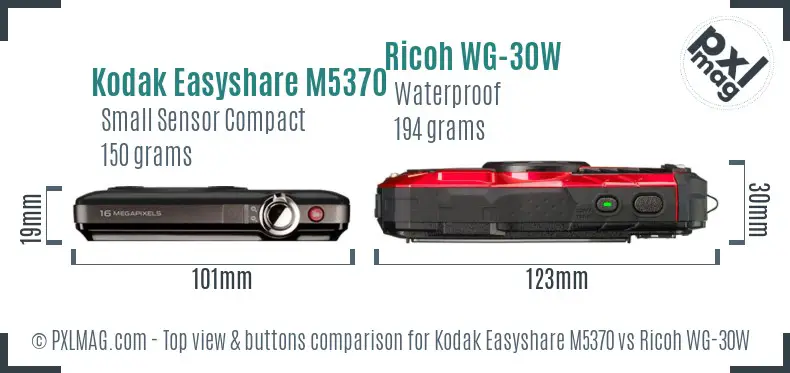 Kodak Easyshare M5370 vs Ricoh WG-30W top view buttons comparison