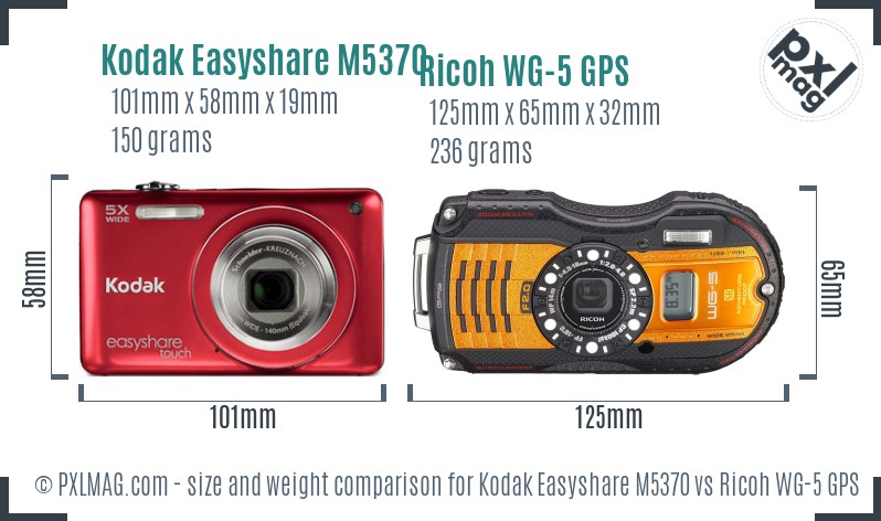 Kodak Easyshare M5370 vs Ricoh WG-5 GPS size comparison