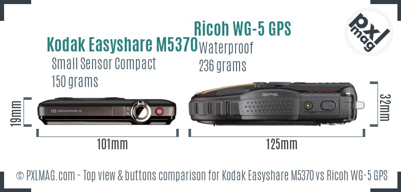 Kodak Easyshare M5370 vs Ricoh WG-5 GPS top view buttons comparison