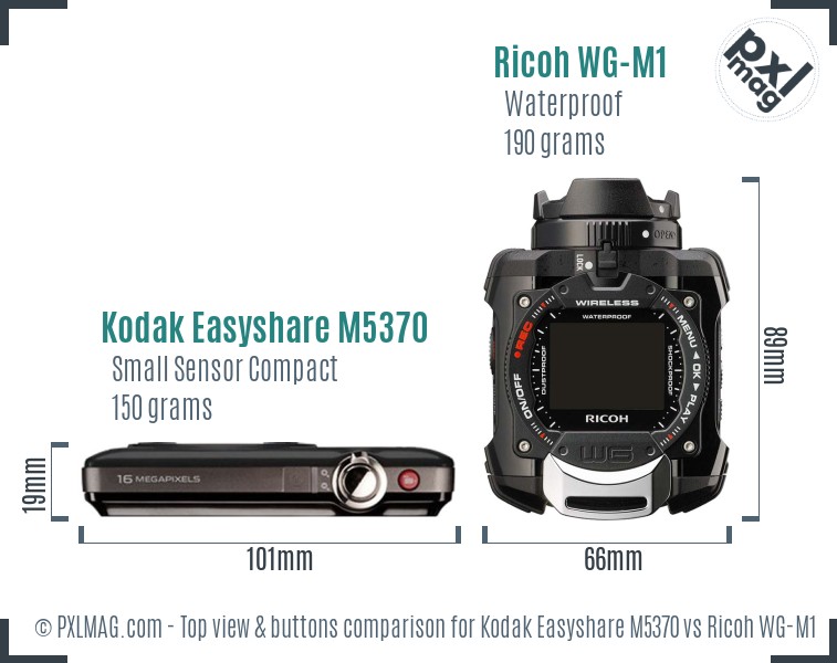 Kodak Easyshare M5370 vs Ricoh WG-M1 top view buttons comparison
