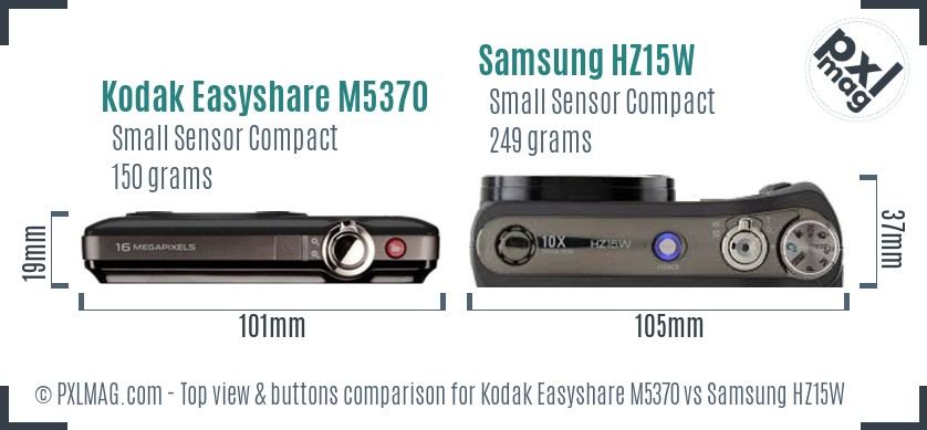 Kodak Easyshare M5370 vs Samsung HZ15W top view buttons comparison